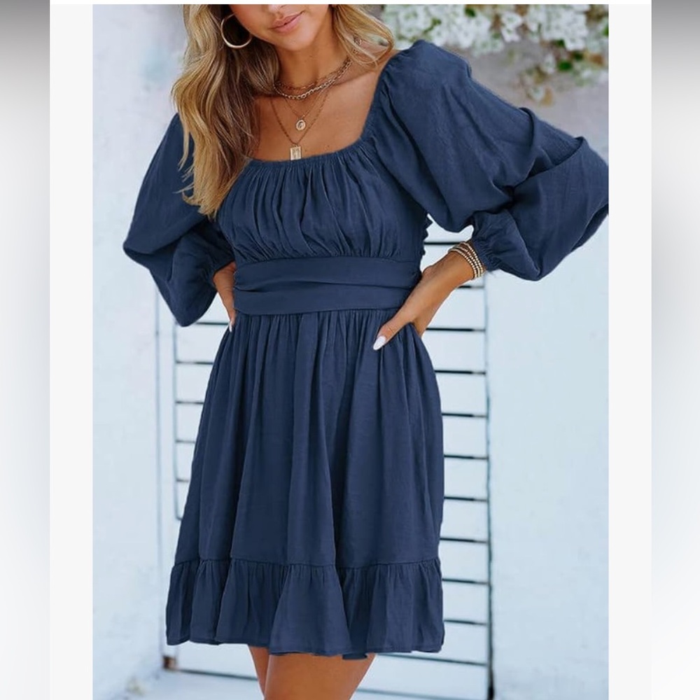 Dokotoo Womens Dress Long Lantern Sleeve Square Neck Tie Backless mini blue  💗